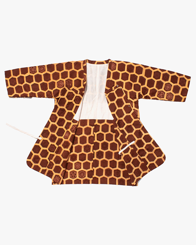 Kiriko Custom, Altered Kimono Jacket, Brown Honeycomb Pattern with Flowers