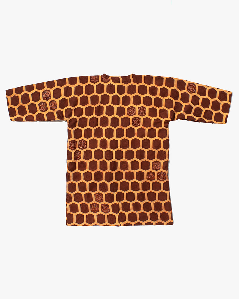 Kiriko Custom, Altered Kimono Jacket, Brown Honeycomb Pattern with Flowers