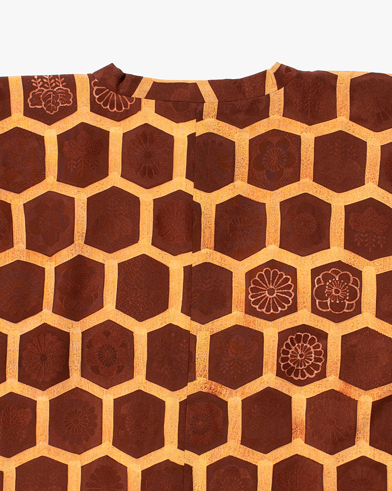 Kiriko Custom, Altered Kimono Jacket, Brown Honeycomb Pattern with Flowers