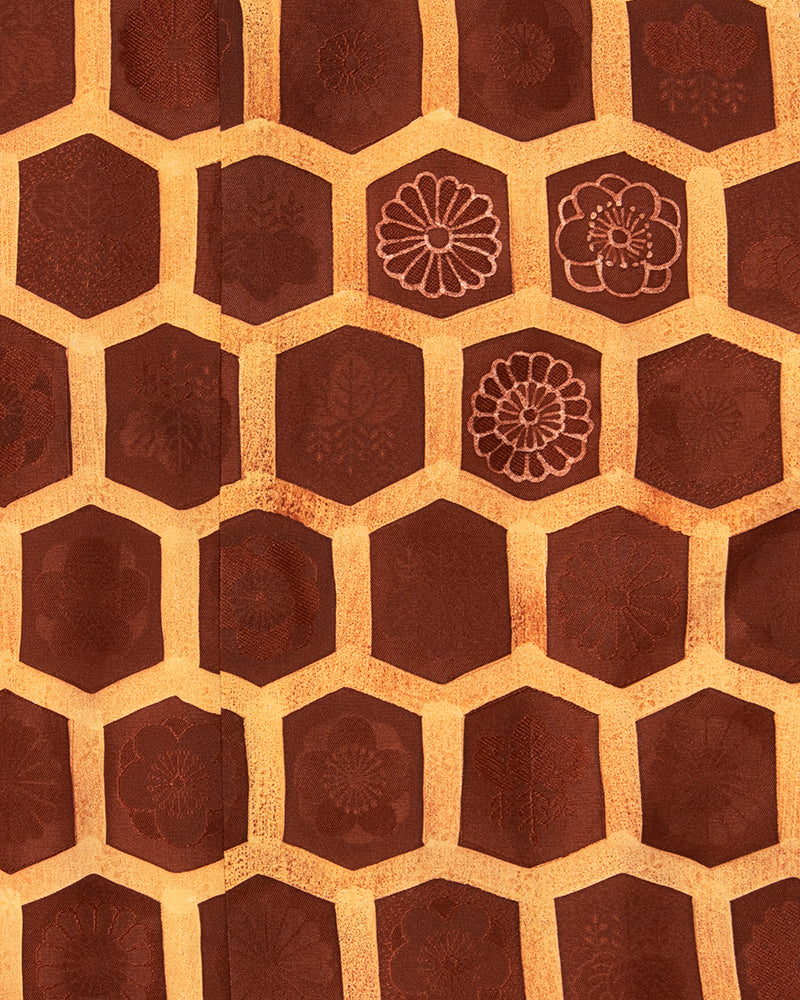 Kiriko Custom, Altered Kimono Jacket, Brown Honeycomb Pattern with Flowers