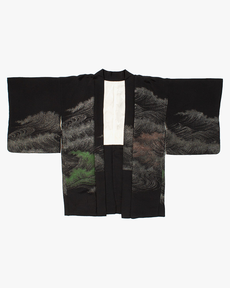 Vintage Haori Jacket, Black with Silver, Green, and Red Waves