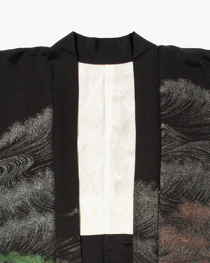 Vintage Haori Jacket, Black with Silver, Green, and Red Waves