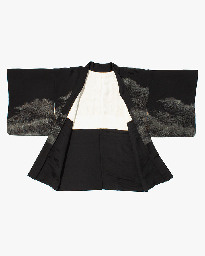 Vintage Haori Jacket, Black with Silver, Green, and Red Waves