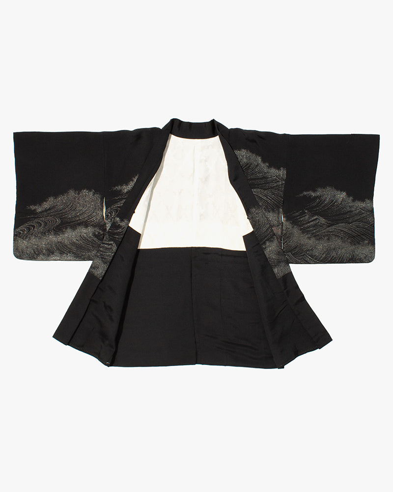 Vintage Haori Jacket, Black with Silver, Green, and Red Waves