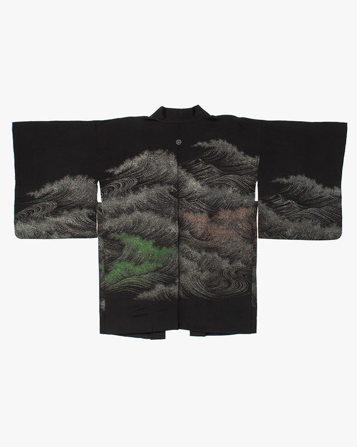 Vintage Haori Jacket, Black with Silver, Green, and Red Waves