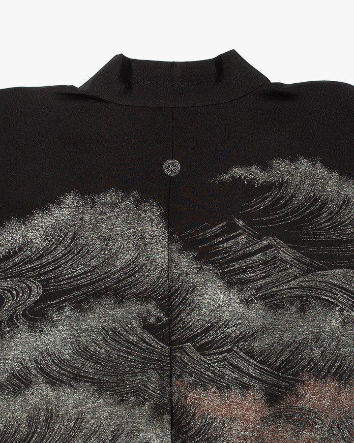 Vintage Haori Jacket, Black with Silver, Green, and Red Waves