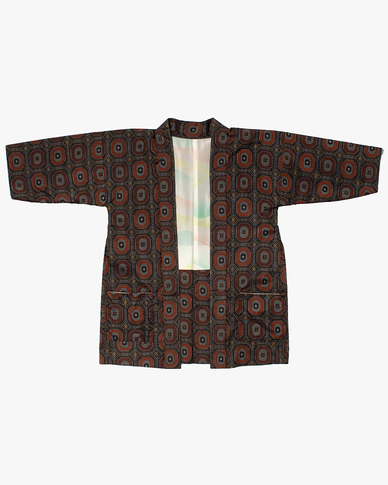 Kiriko Custom, Altered Kimono Jacket, Gray with Red Geometric Pattern and Yellow Accents
