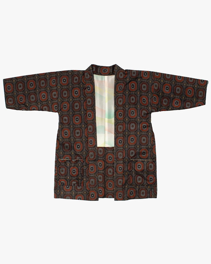 Kiriko Custom, Altered Kimono Jacket, Gray with Red Geometric Pattern and Yellow Accents