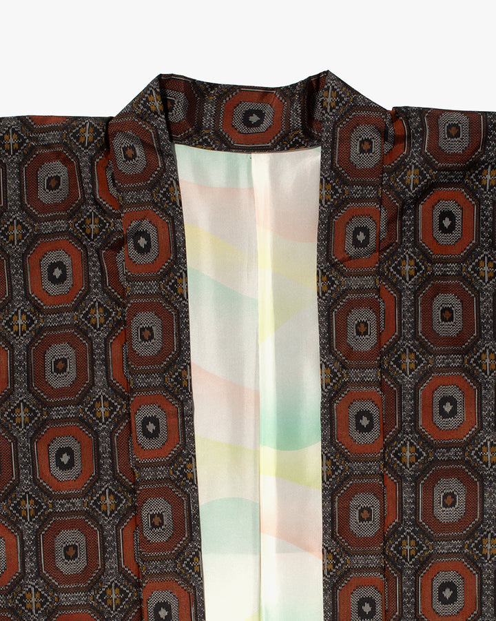 Kiriko Custom, Altered Kimono Jacket, Gray with Red Geometric Pattern and Yellow Accents