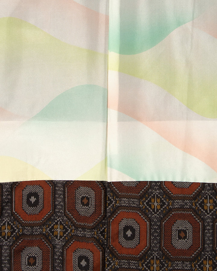 Kiriko Custom, Altered Kimono Jacket, Gray with Red Geometric Pattern and Yellow Accents