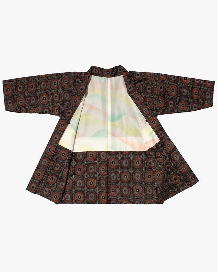 Kiriko Custom, Altered Kimono Jacket, Gray with Red Geometric Pattern and Yellow Accents