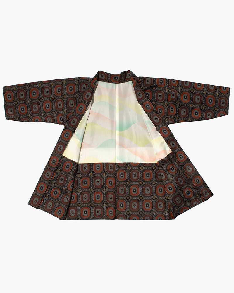 Kiriko Custom, Altered Kimono Jacket, Gray with Red Geometric Pattern and Yellow Accents