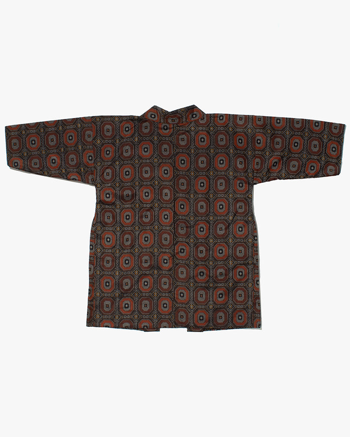 Kiriko Custom, Altered Kimono Jacket, Gray with Red Geometric Pattern and Yellow Accents