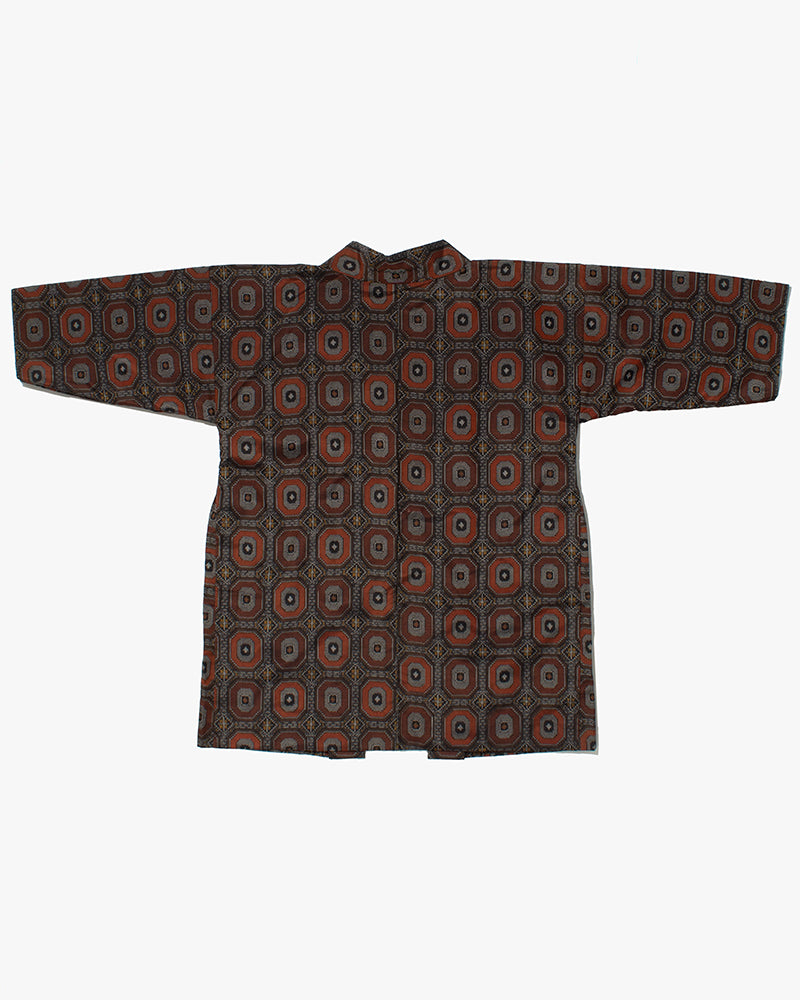 Kiriko Custom, Altered Kimono Jacket, Gray with Red Geometric Pattern and Yellow Accents