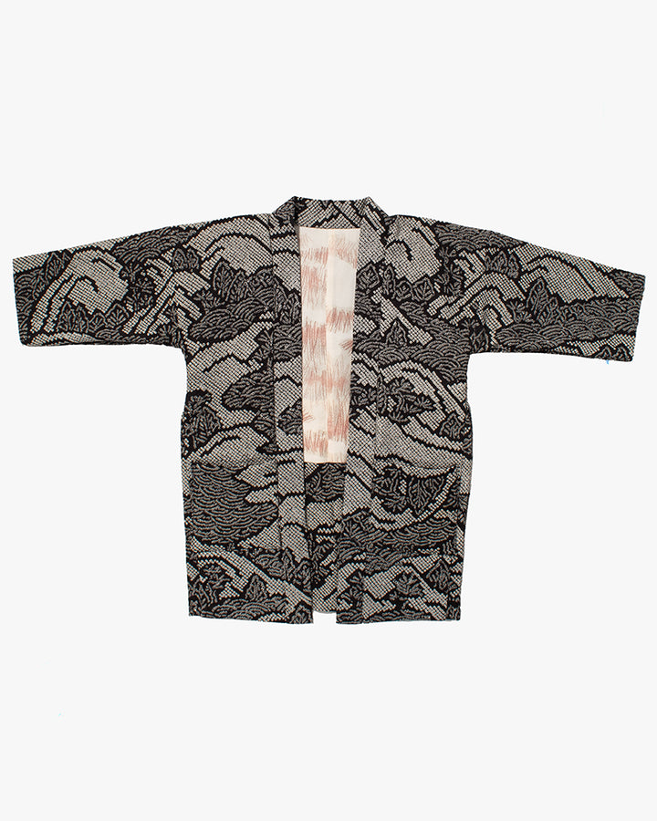 Kiriko Custom, Altered Haori Jacket, Full Shibori, Black with White Seigaiha and Leaves
