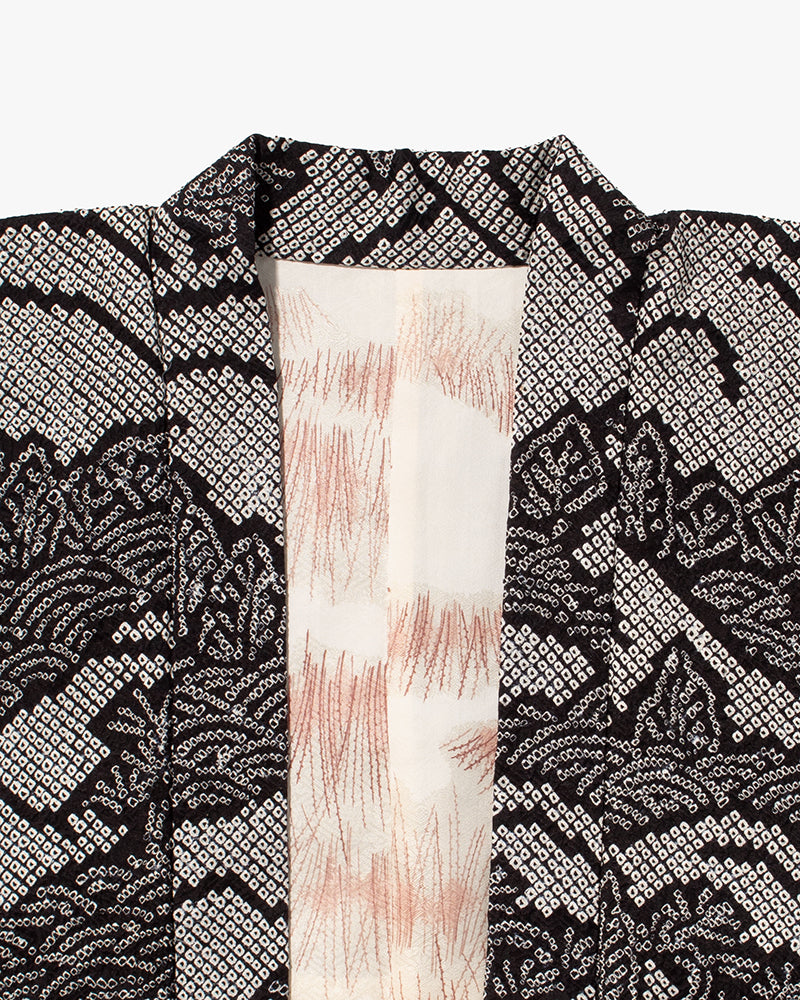 Kiriko Custom, Altered Haori Jacket, Full Shibori, Black with White Seigaiha and Leaves
