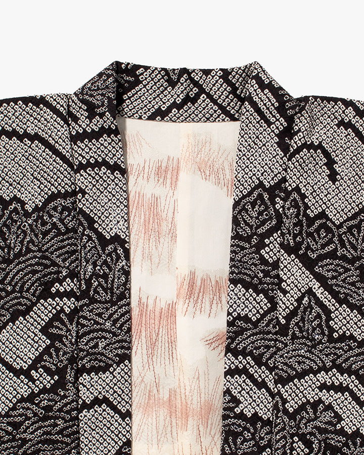 Kiriko Custom, Altered Haori Jacket, Full Shibori, Black with White Seigaiha and Leaves