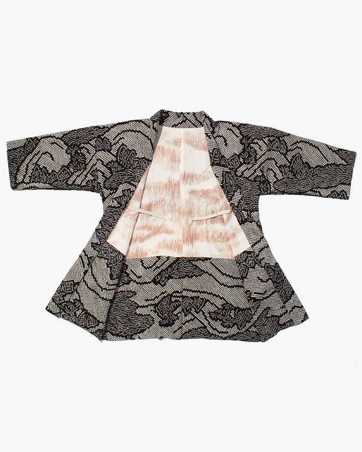 Kiriko Custom, Altered Haori Jacket, Full Shibori, Black with White Seigaiha and Leaves