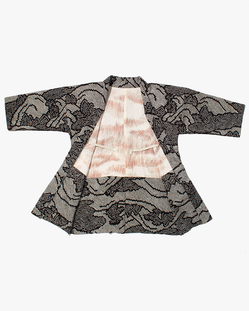 Kiriko Custom, Altered Haori Jacket, Full Shibori, Black with White Seigaiha and Leaves