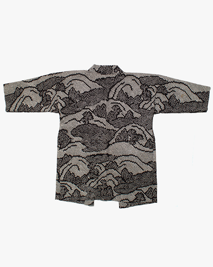 Kiriko Custom, Altered Haori Jacket, Full Shibori, Black with White Seigaiha and Leaves