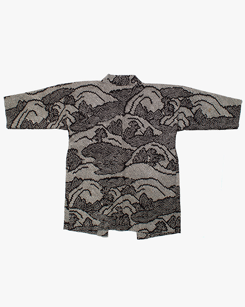Kiriko Custom, Altered Haori Jacket, Full Shibori, Black with White Seigaiha and Leaves