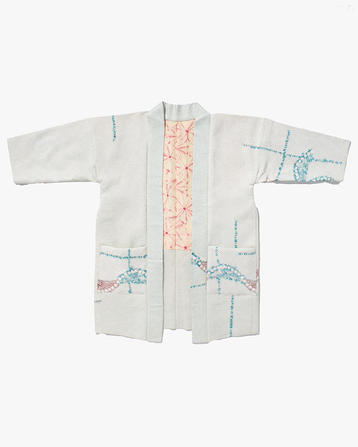Kiriko Custom, Altered Haori Jacket, Full Shibori, Light Blue with Green and Brown Details