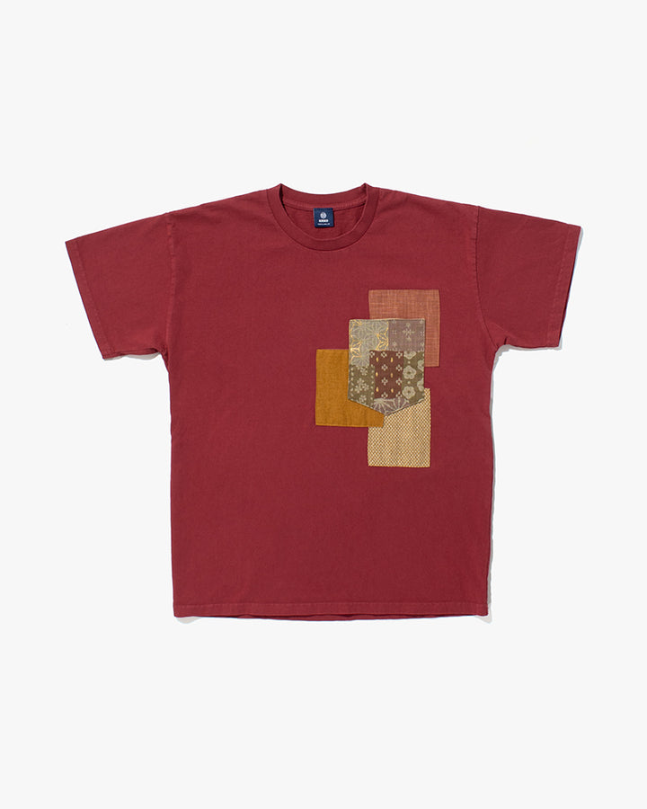 Kiriko Original Tee, 8oz Cotton, Patched Pocket Tee, Red with Gold Kanoko, Azuki Patchwork and Old Rose