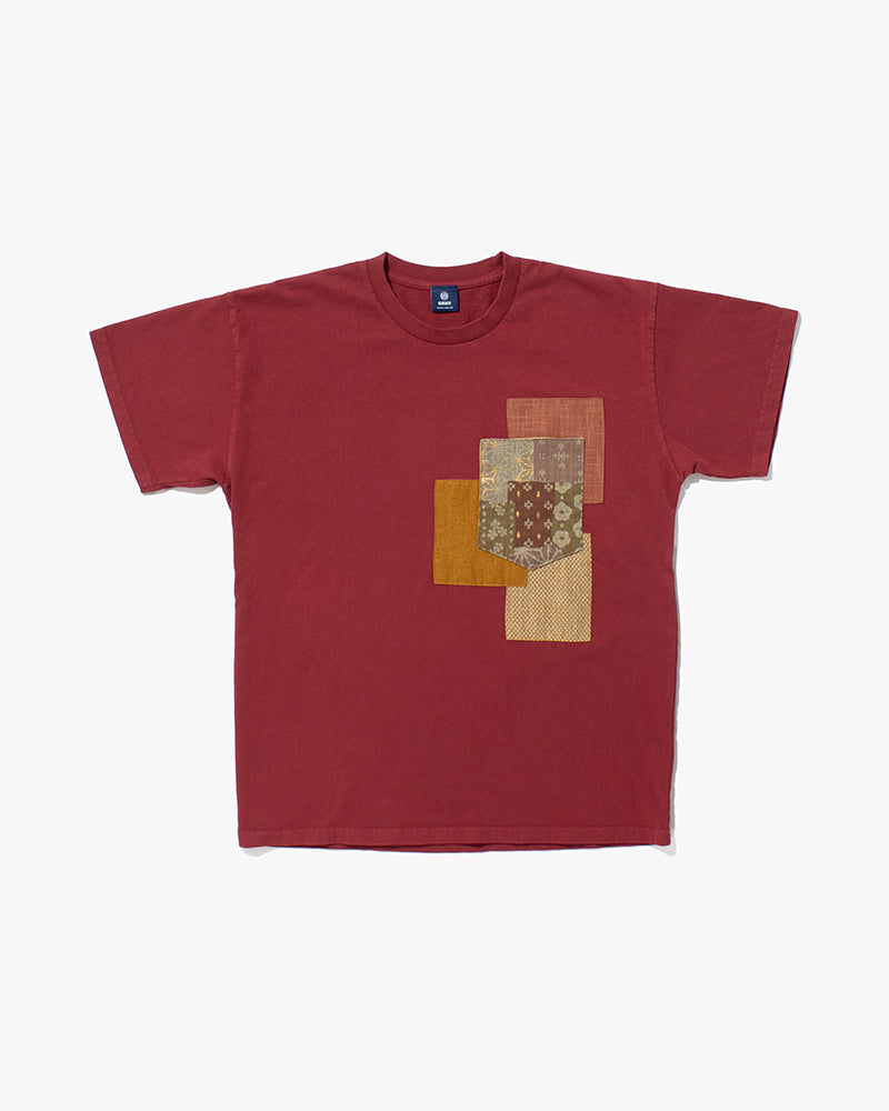 Kiriko Original Tee, 8oz Cotton, Patched Pocket Tee, Red with Gold Kanoko, Azuki Patchwork and Old Rose