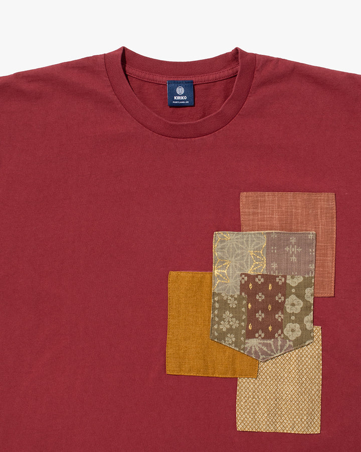 Kiriko Original Tee, 8oz Cotton, Patched Pocket Tee, Red with Gold Kanoko, Azuki Patchwork and Old Rose