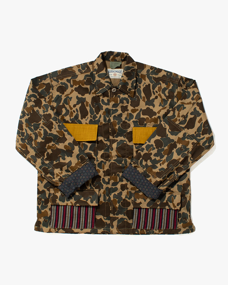 Kiriko Custom Military Jacket, Camo Patched, Obi Peacock 