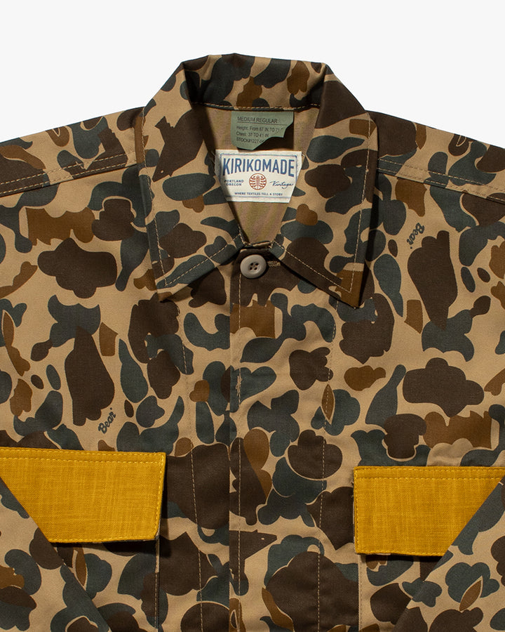 Kiriko Custom Military Jacket, Camo Patched, Obi Peacock 