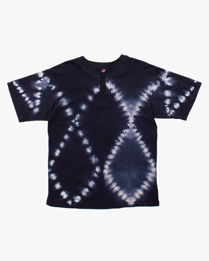 Wa-Modern, Short Sleeve Button Up Tunic, Navy Shibori Tye Dye