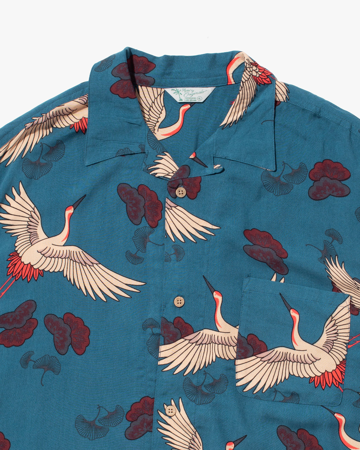 Japanese Repro Shirt, Short Sleeve Aloha Shirt, Styled By Originals Hawaiian Surf, Teal with Cranes - 2XL