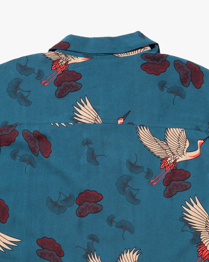 Japanese Repro Shirt, Short Sleeve Aloha Shirt, Styled By Originals Hawaiian Surf, Teal with Cranes - 2XL