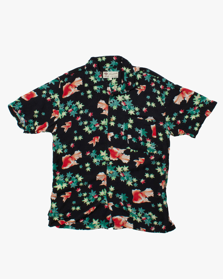 Japanese Repro Shirt, Short Sleeve Aloha Shirt, Roushatte Aloha, Black with Red Fish and Leaves - L