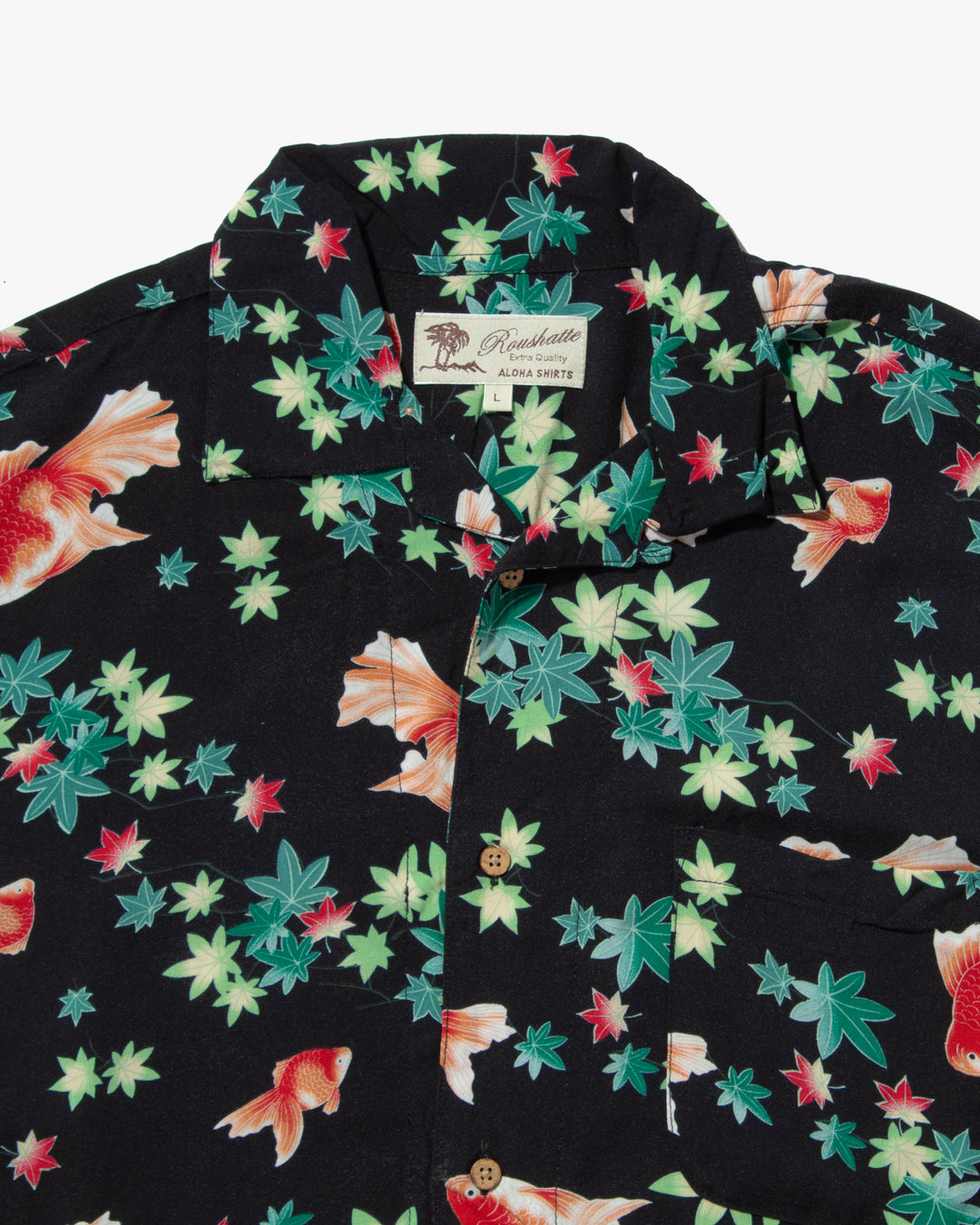 Japanese Repro Shirt, Short Sleeve Aloha Shirt, Roushatte Aloha, Black with Red Fish and Leaves - L