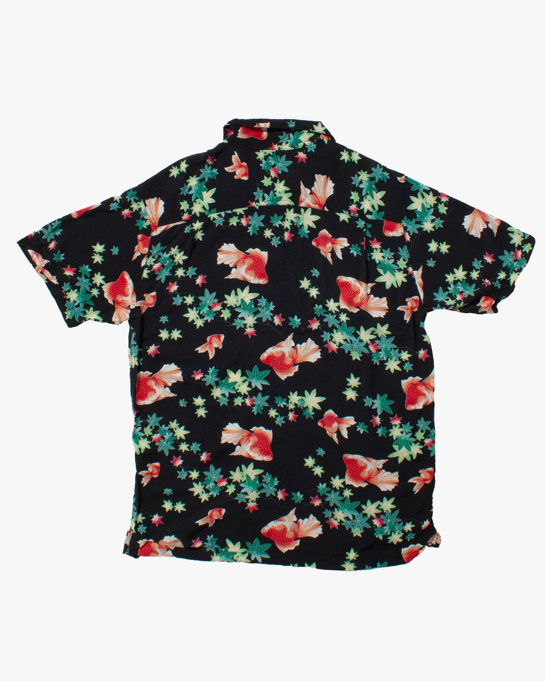Japanese Repro Shirt, Short Sleeve Aloha Shirt, Roushatte Aloha, Black with Red Fish and Leaves - L