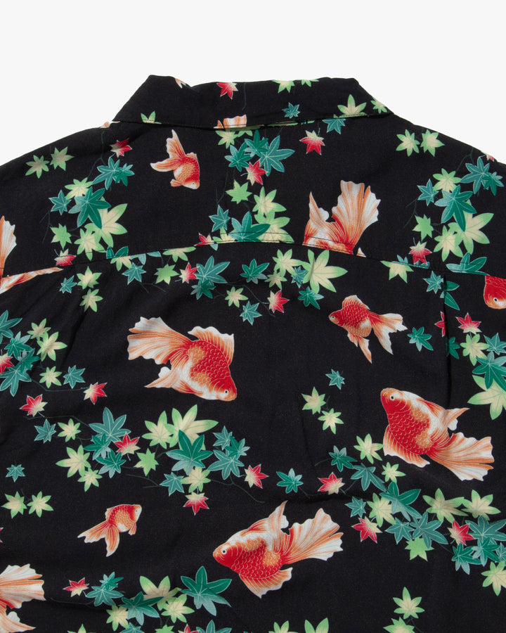 Japanese Repro Shirt, Short Sleeve Aloha Shirt, Roushatte Aloha, Black with Red Fish and Leaves - L