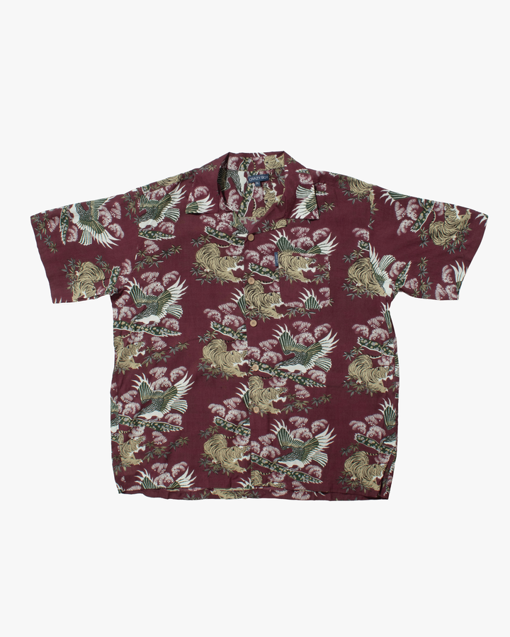 Japanese Repro Shirt, Short Sleeve Aloha Shirt, Crazy Boy, Maroon with Tiger and Hawk - XL