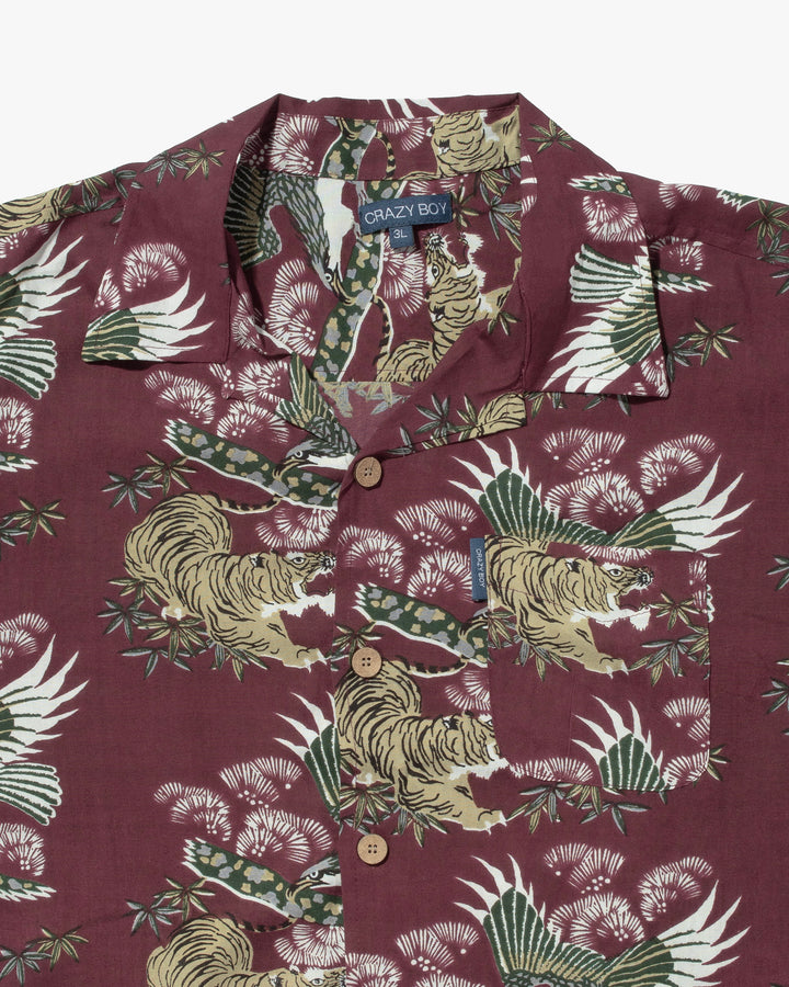 Japanese Repro Shirt, Short Sleeve Aloha Shirt, Crazy Boy, Maroon with Tiger and Hawk - XL