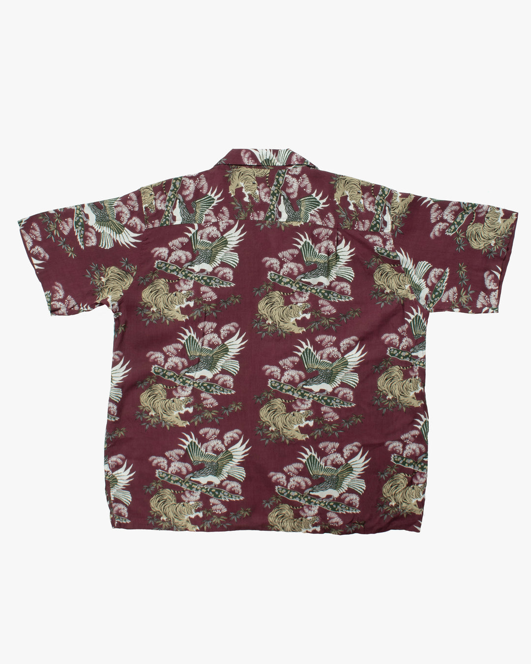 Japanese Repro Shirt, Short Sleeve Aloha Shirt, Crazy Boy, Maroon with Tiger and Hawk - XL