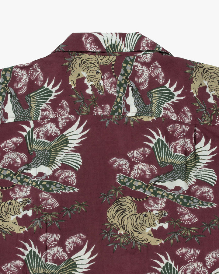 Japanese Repro Shirt, Short Sleeve Aloha Shirt, Crazy Boy, Maroon with Tiger and Hawk - XL