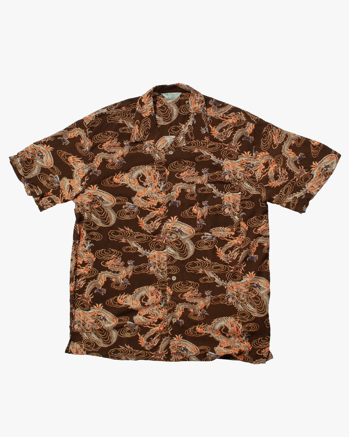 Japanese Repro Shirt, Short Sleeve Aloha Shirt, Styled By Originals Hawaiian Surf, Brown with Dragons - XL