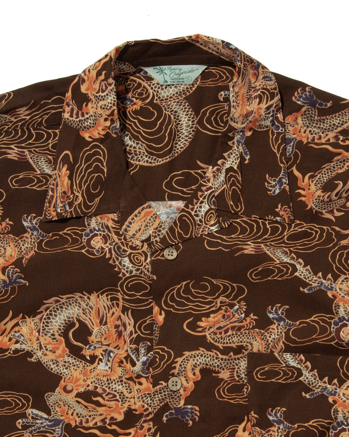 Japanese Repro Shirt, Short Sleeve Aloha Shirt, Styled By Originals Hawaiian Surf, Brown with Dragons - XL