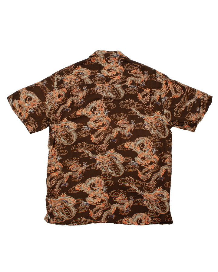 Japanese Repro Shirt, Short Sleeve Aloha Shirt, Styled By Originals Hawaiian Surf, Brown with Dragons - XL