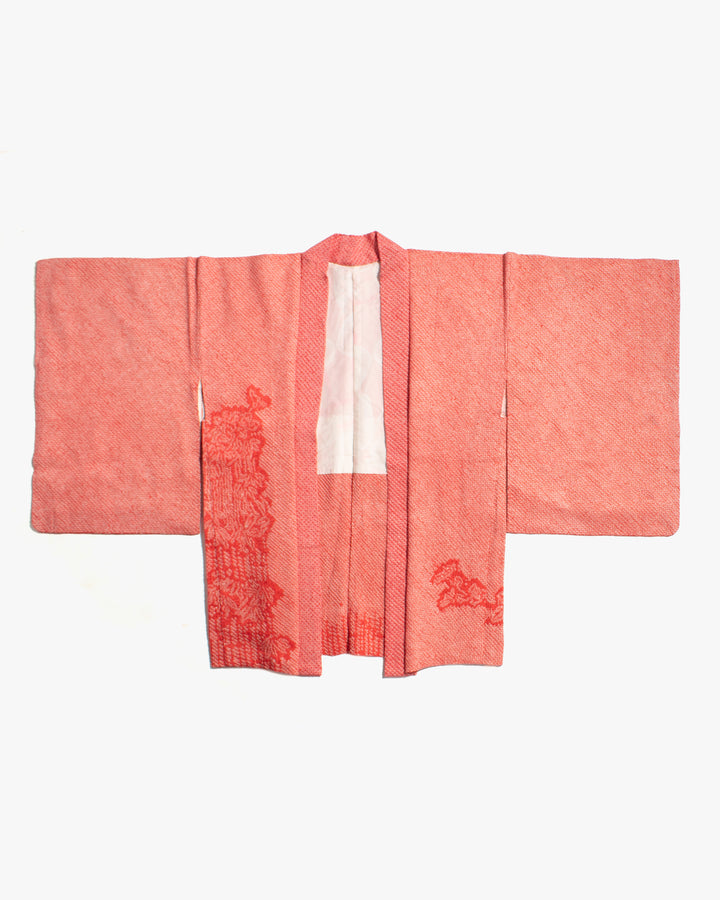 Vintage Haori Jacket, Full Shibori, Salmon with Floral Detail