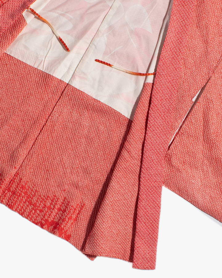 Vintage Haori Jacket, Full Shibori, Salmon with Floral Detail