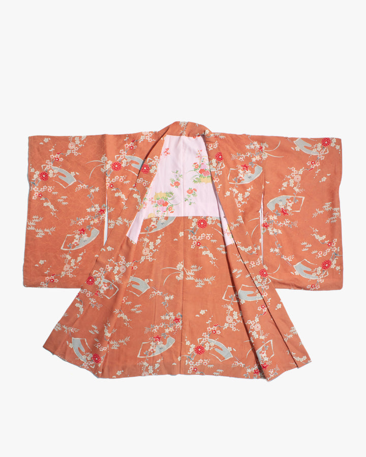 Vintage Haori Jacket, Orange with Floral and Greenery