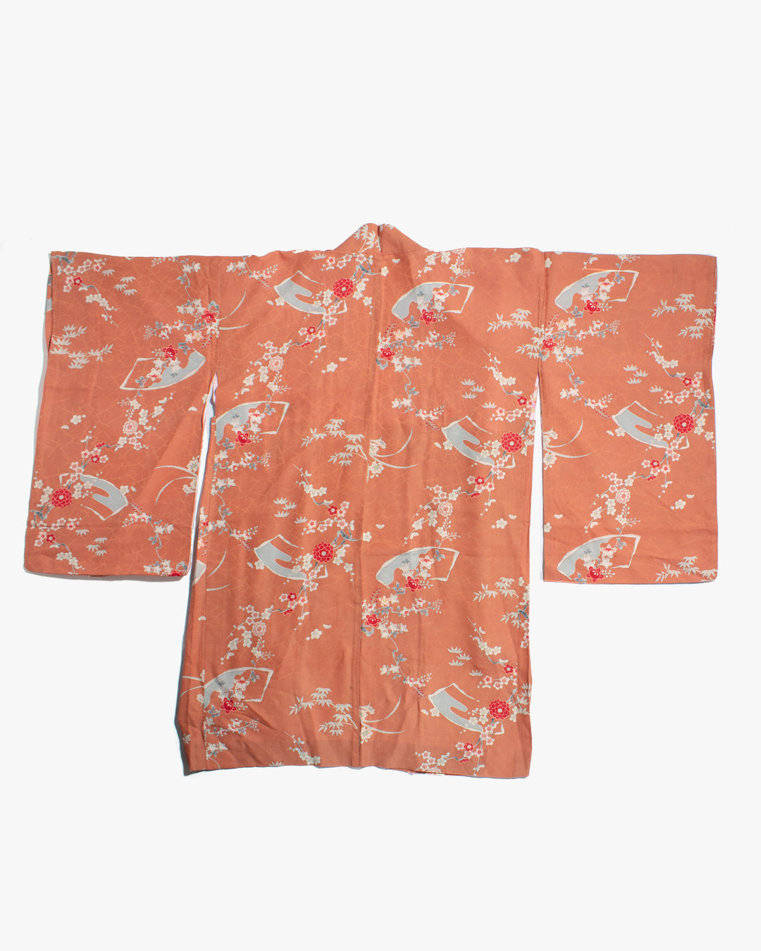 Vintage Haori Jacket, Orange with Floral and Greenery