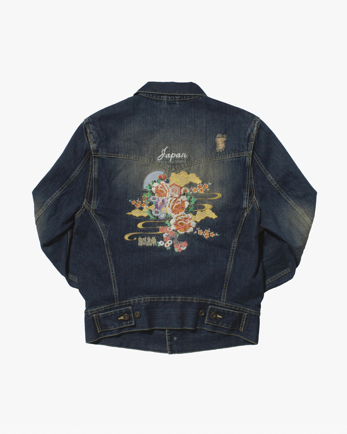 Japanese Repro Denim Trucker Jacket, L, Karakuri, Type 3, Floral and Clouds